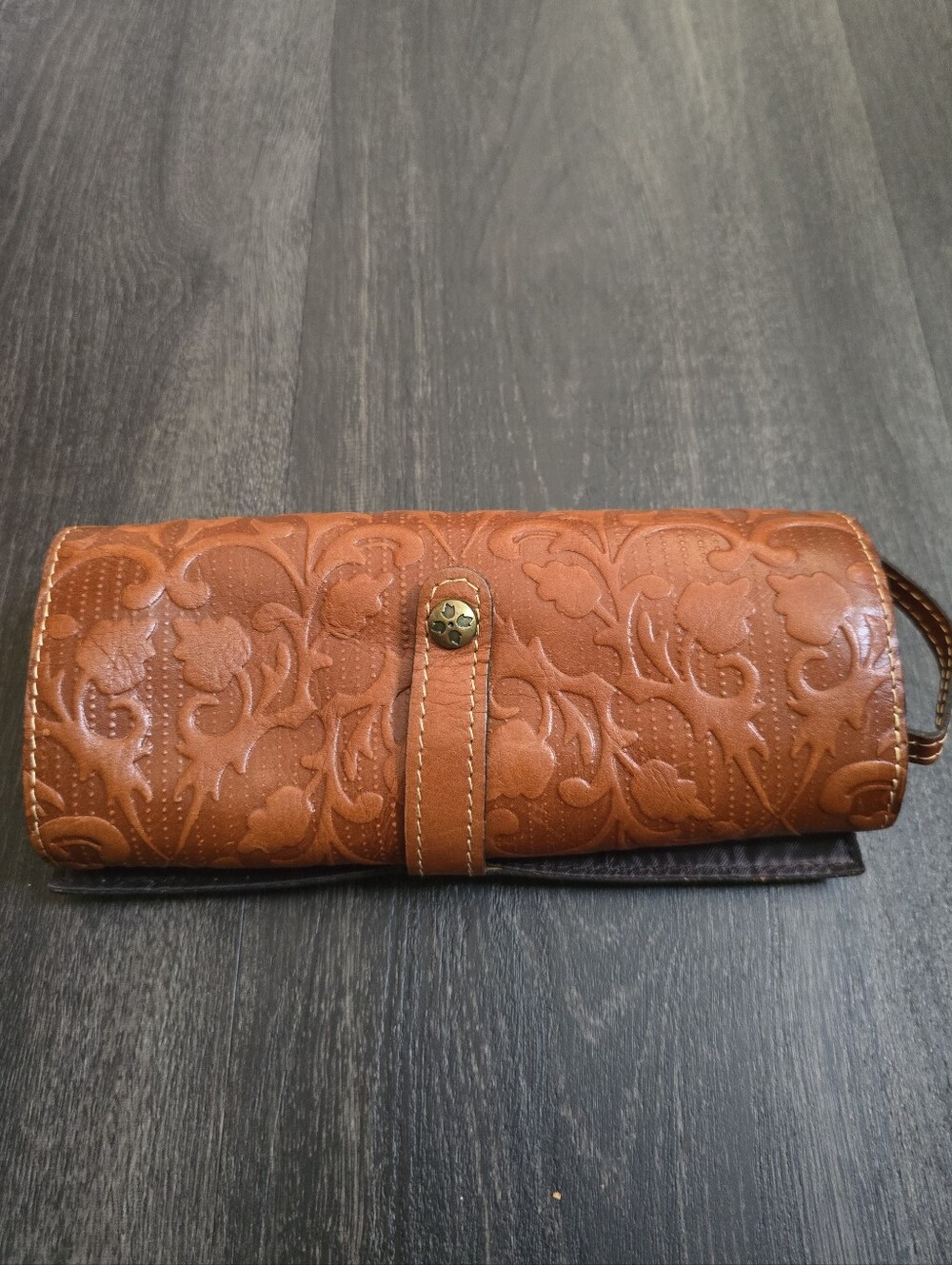 Tooled Leather Makeup Brush Roll Organizer Cognac Brown Barrel Zip Travel Case